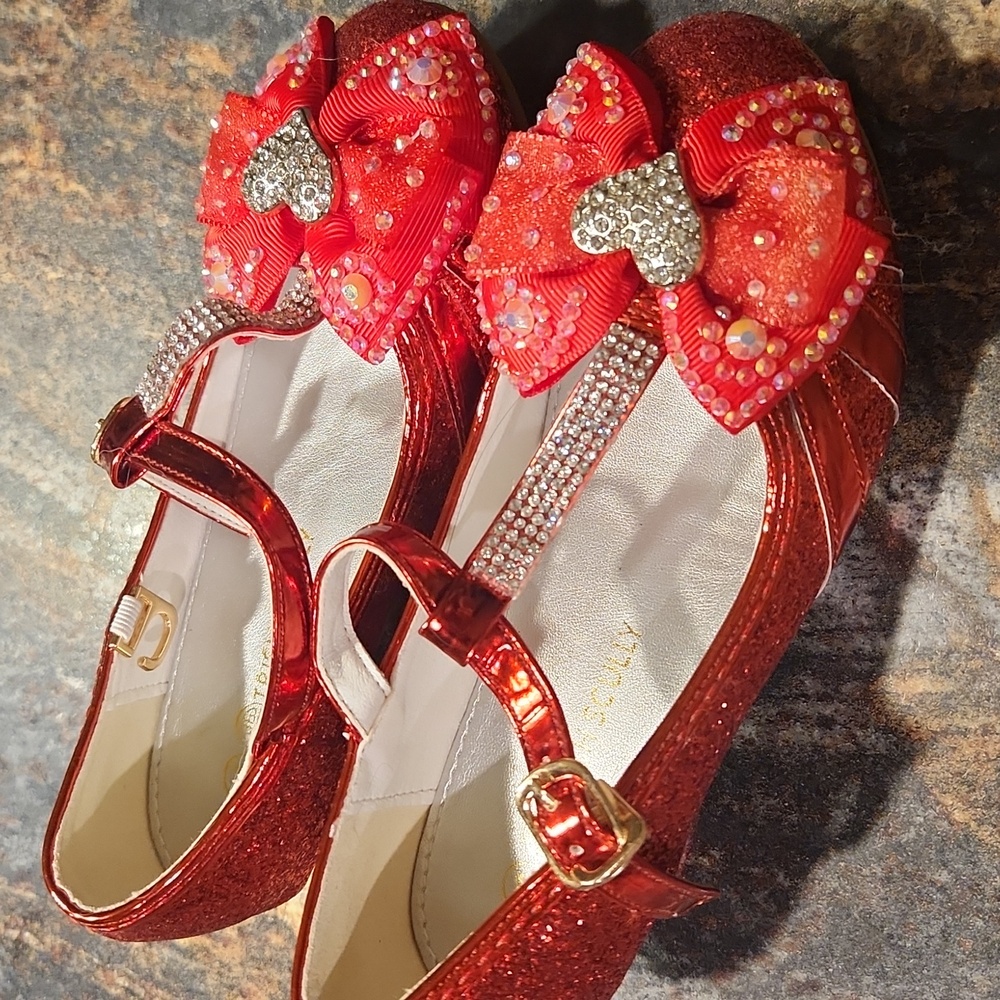 Glittery Red Kids Shoes with Heart Bow.  Size 10